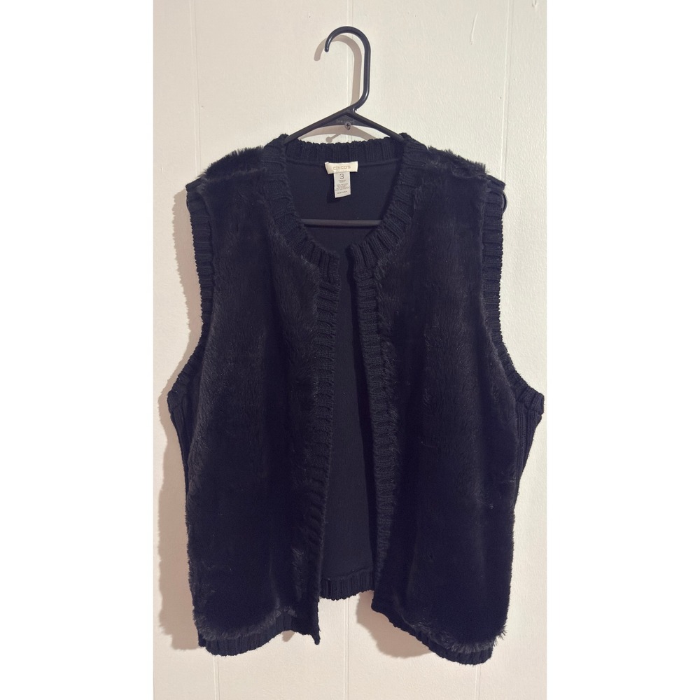 Chicos Black Faux Fur Ribbed Knit Vest Open Front Size 3 Cotton‎ Wool Blend